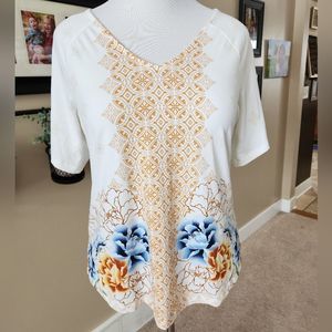 JM collection split sleeve floral print top white yellow medium M